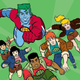 Captain Planet and the Planeteers smile and run (or in the Captain's case, fly) toward the viewer against a green background.